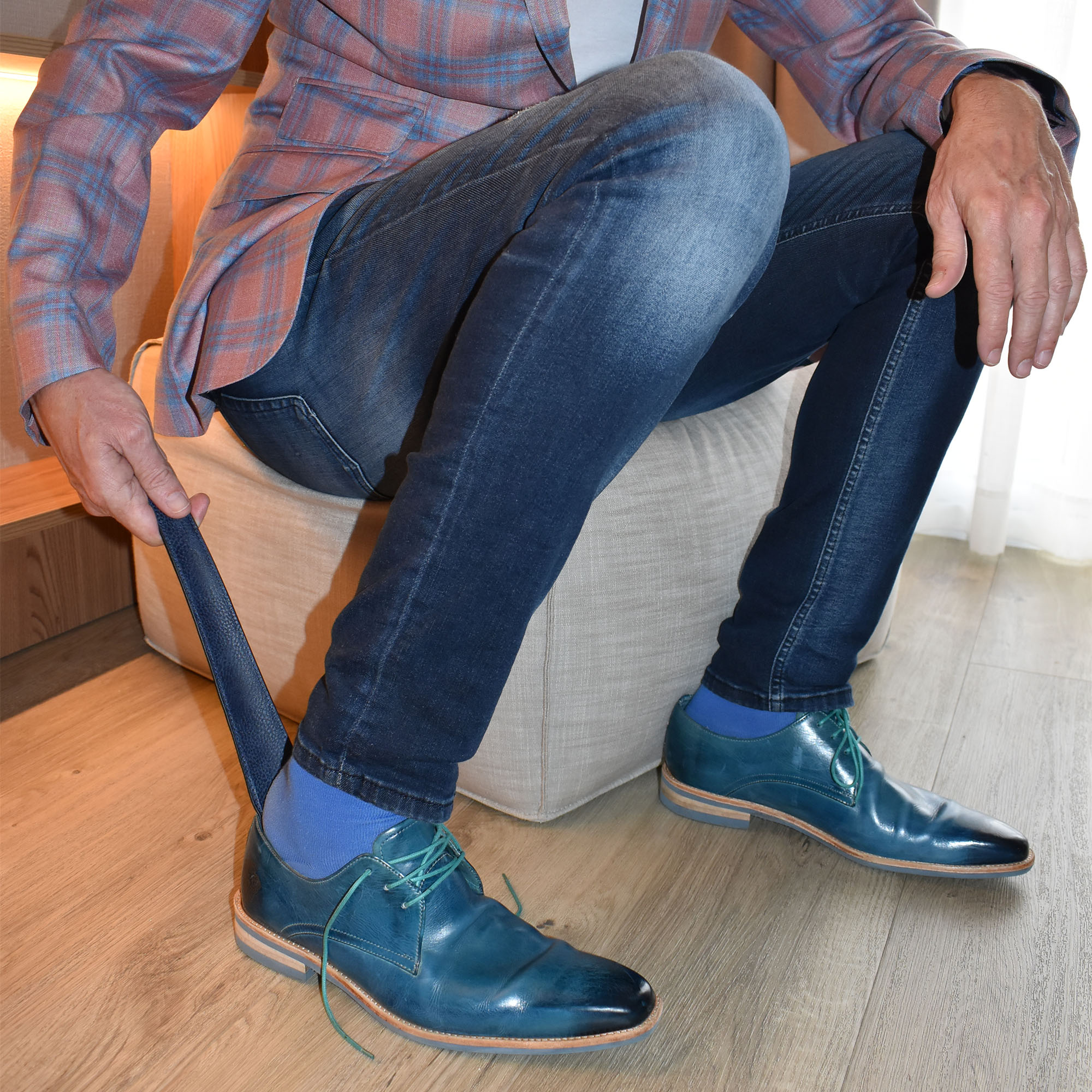 Reise-Schuhanzieher, ummantelt mit umweltfreundlichem Kunstleder - 30,5 cm  - blaue Farbe 